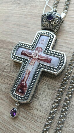 Крест наперсный латунный в серебрении и чернении с украшениями  и цепью